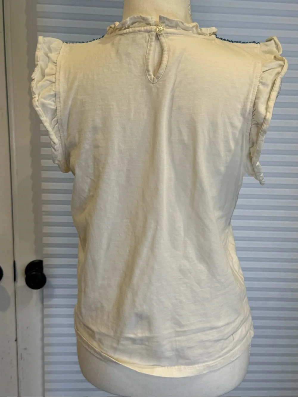 J. Crew Cream Smocked Ruffle Sleeve Tank with Blue Stitching CB1053